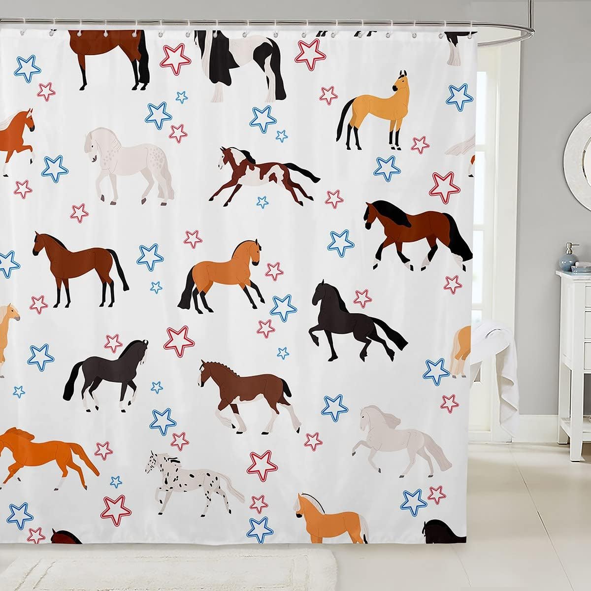 jejeloiu Horse Shower Curtain for Girls Boys Children Kids Cute Horses Bath Curtain Cartoon Animal Decor Waterproof Shower Curtain with Hooks Farmhouse Wildlife Bathroom Accessories 72x84 Inch