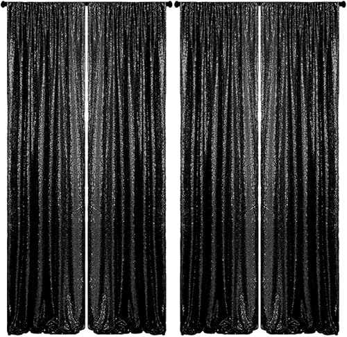 Miniatura 1 de Cortinas de fondo de lentejuelas negras  4 paneles de 2 x 8 pies con purpurina negra para fotos, telón de fondo para fiesta, boda, baby shower,