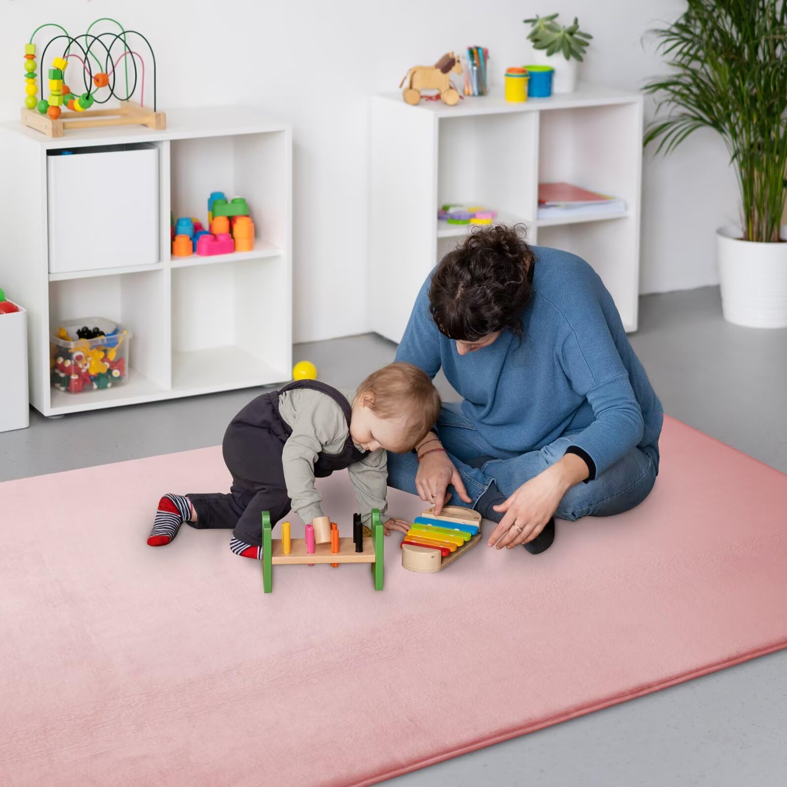 Krabbelmatte Baby, 3CM Dicker Spielmatte Baby (Rosa, 160x160CM) | Luxuriöser Komfort, Langlebigkeit, Haarabweisendes Enges Geflecht, Rutschfeste Unterseite, Weich Babyteppich für Schlafzimmer