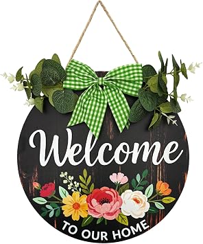 3D Wooden Welcome Sign for Front Door Welcome Decor Sign Hanging Home Porch Wall Decor Home Sweet Home Porch Wall Sign with Bow-Knot Wreath Gift for Entryway Porch Front DoorBlack