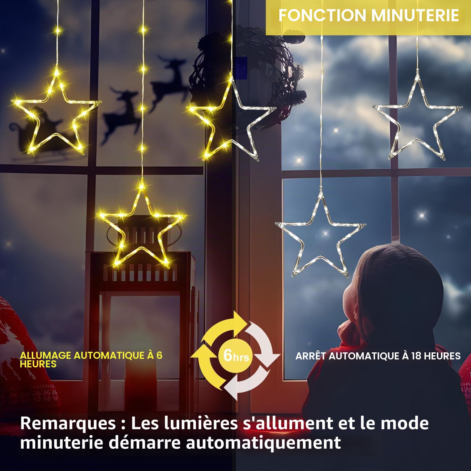 GlobaLink Rideau Lumineux Noël 5 Étoiles 96LED Guirlande Lumineuse Pile 8 Modes Étanche IP65 Minuterie Décoration Intérieur/Exterieure pour Sapin de Noël Fenêtre Chambre - Blanc Chaud