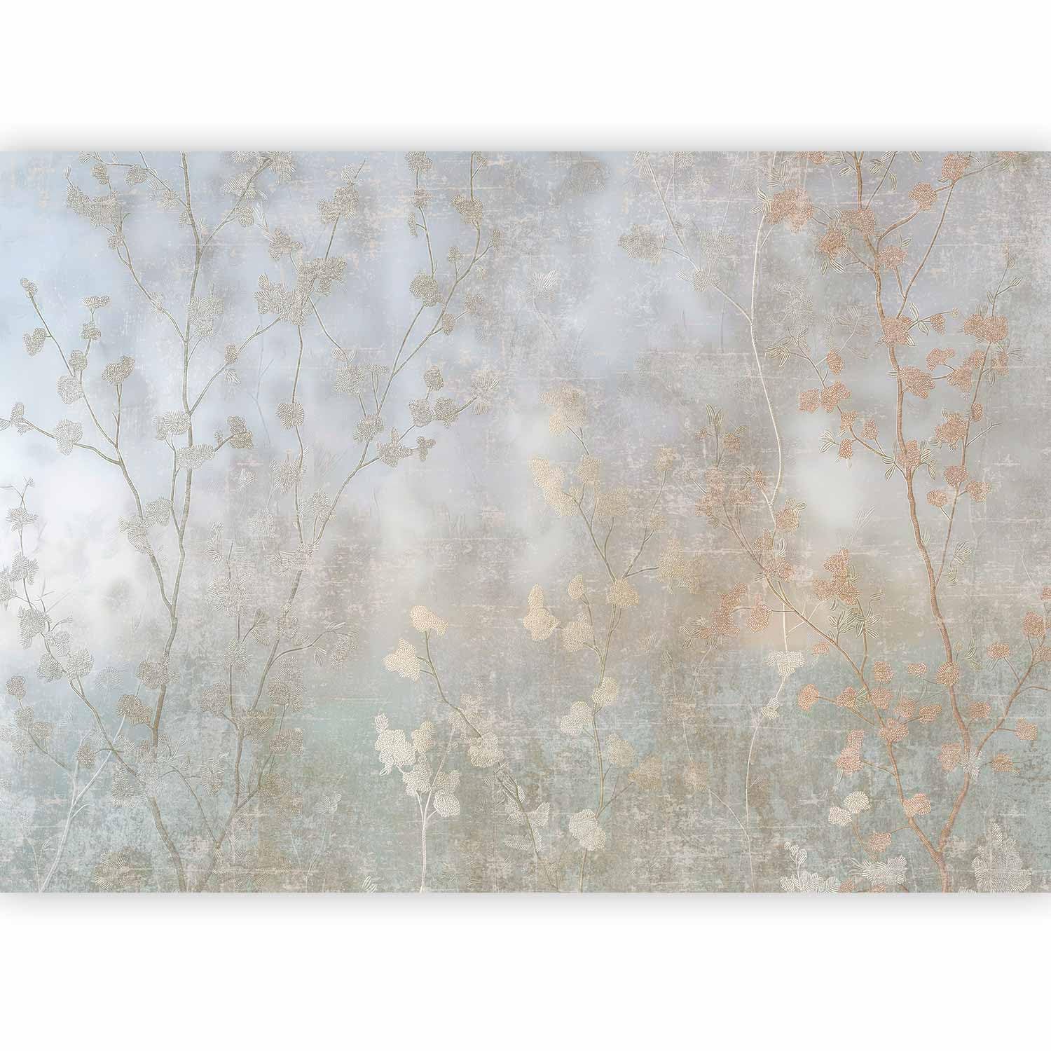 Papier peint panoramique 350x256 cm forêt dorée feuilles pastel