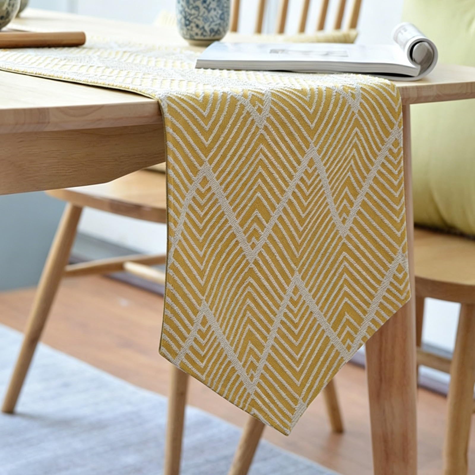Modern Minimalist New Chinese-Style Table Runner, Geometric Jacquard Table Runner Suitable for Dining Tables, Pianos and Shoe Cabinets(Yellow,160cm/62.9in)