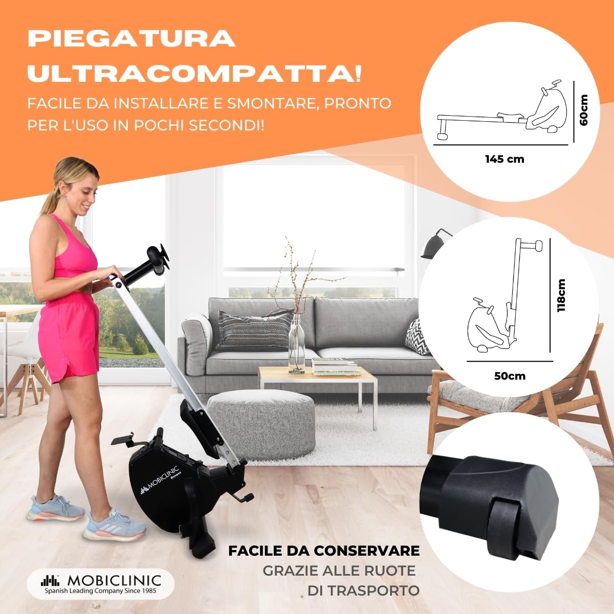 Mobiclinic® fitness, Vogatore, Rowfit, 8 livelli di resistenza, Silenzioso, Magnetica, Monitor lcd, Supporto per cellulare, Fino a 120 kg, Volano da 6, Palestra domestica