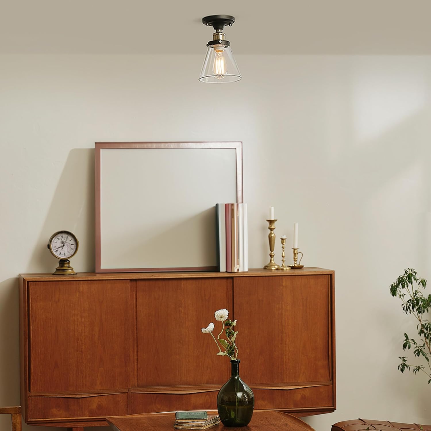 GLOBE Electric 65380 1-Light Flush Mount Ceiling Light, Dark Bronze, Antique Brass Accents, Glass Shade, Bedroom Lighting Fixtures Ceiling, Dining Room Fixture, Lighting for Hallway
