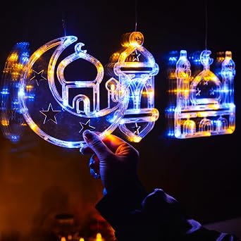 Ramadan Decorations, 3 Pack Blue and Warm White Lantern, Moon, Mosque Eid Mubarak Window Lights Battery Operated Hanging LED Lights with Timer & Slow Fade Mode, Perfect Decor for Eid al Fitr