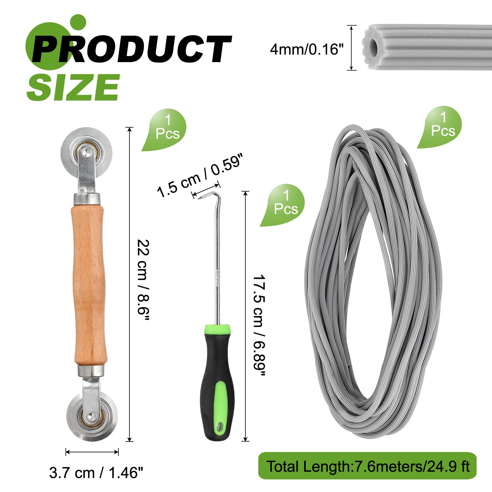 QUARKZMAN Kit De Reparación De Pantalla, Spline Para Mosquitero De 0.16" X 24.9 Pies Con Rodillo Y Gancho De Extracción Para Instalación Y Reemplazo De Malla En Puertas Y Ventanas, Gris