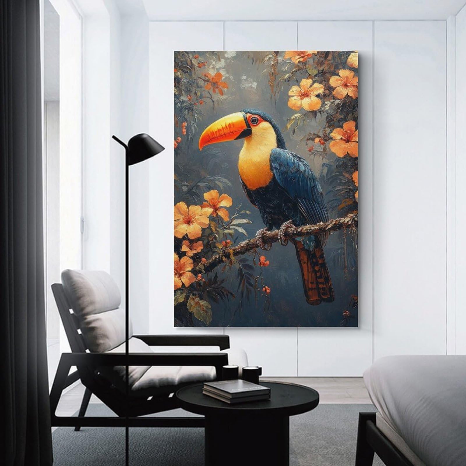Junmoney Wall Art Print Toucan in Tropical Bloom, 20x30inch(50x75cm), for Study, Office Or Focused Interiors, Decorative Artwork for Productive Spaces