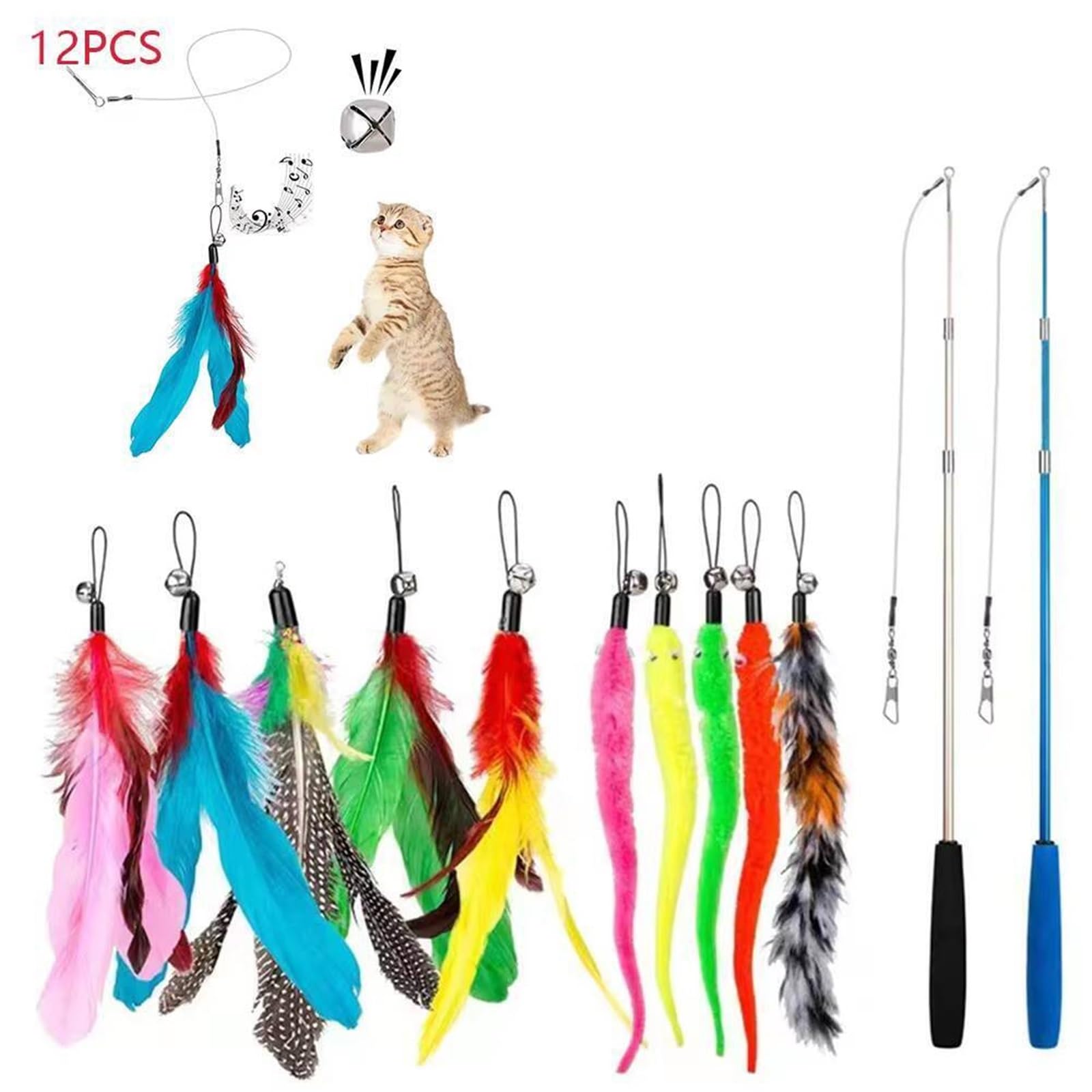 Canne a Peche Chat Jouet interactif for Chaton et Chat, 12 pièces, Jouets for Animaux de Compagnie pour l'Ennui