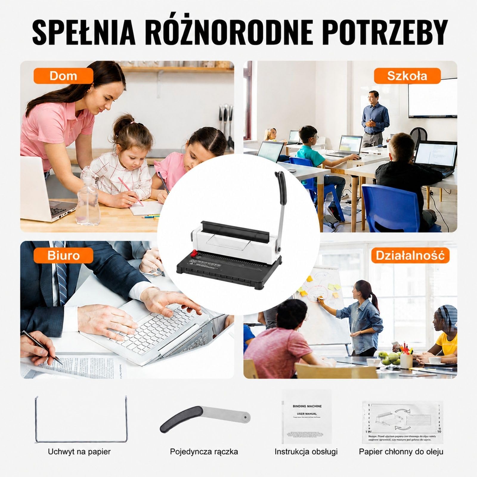 Ręczna bindownica spiralna, dziurkacz 34-otworowy, pojemność 120 arkuszy, regulowany margines boczny, ze 100 grzbietami, do biura