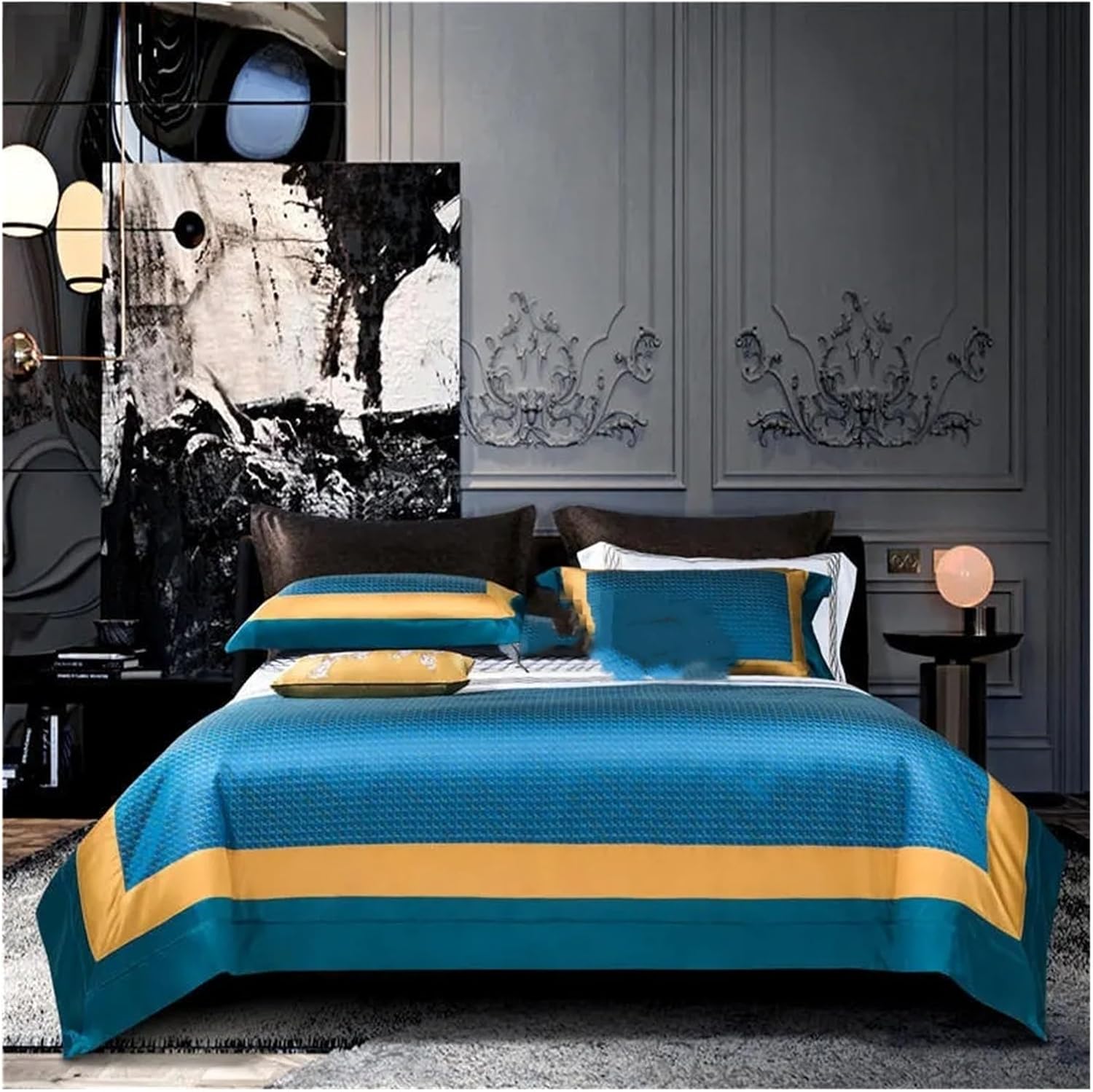 Bed, 1200TC Cotton bedlinen Blue Jacquard Bedding Set King Queen Size Bed Linen Duvet Cover Bed Sheet Set Pillowcases, MM-102