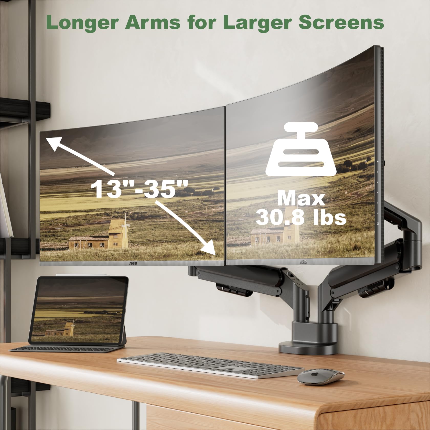 UPGRAVITY Supporto per doppio monitor, supporto per doppio monitor per due schermi ultrawide da 13"-34" piatti/curvi per computer, bracci doppi per monitor a basso profilo, supporta fino a 26,4 bs,
