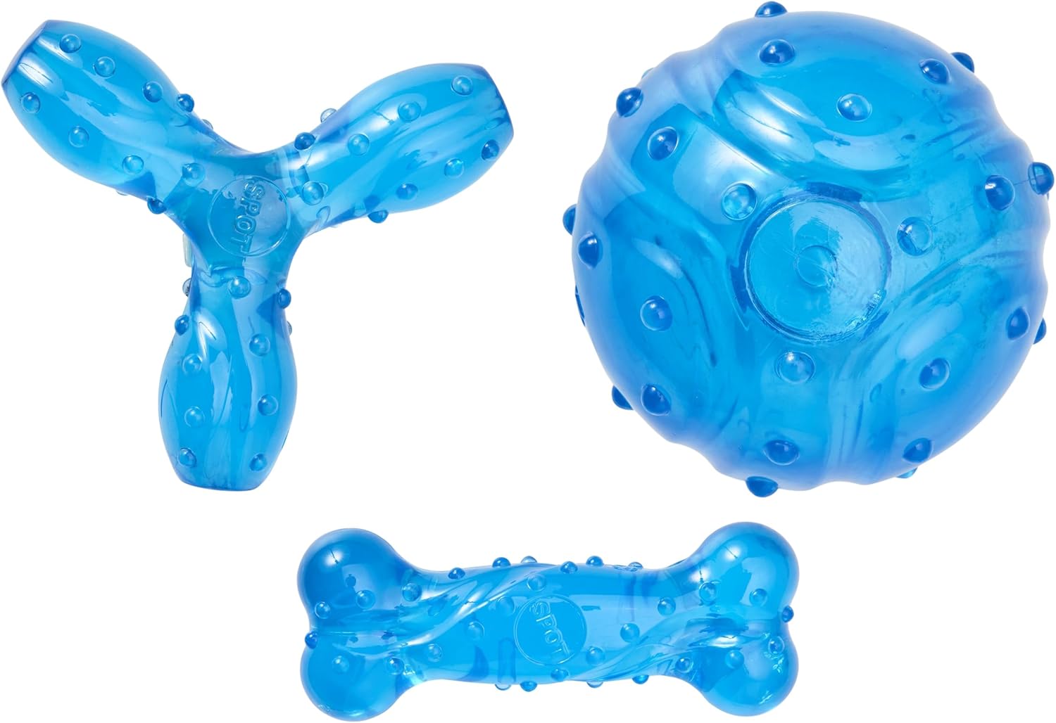 Dog Dental Toys Bacon Flavored Scented Tough Blue Rubber Choose Ball Bone Tripod or Sets (Small Set - All 3 Toys)