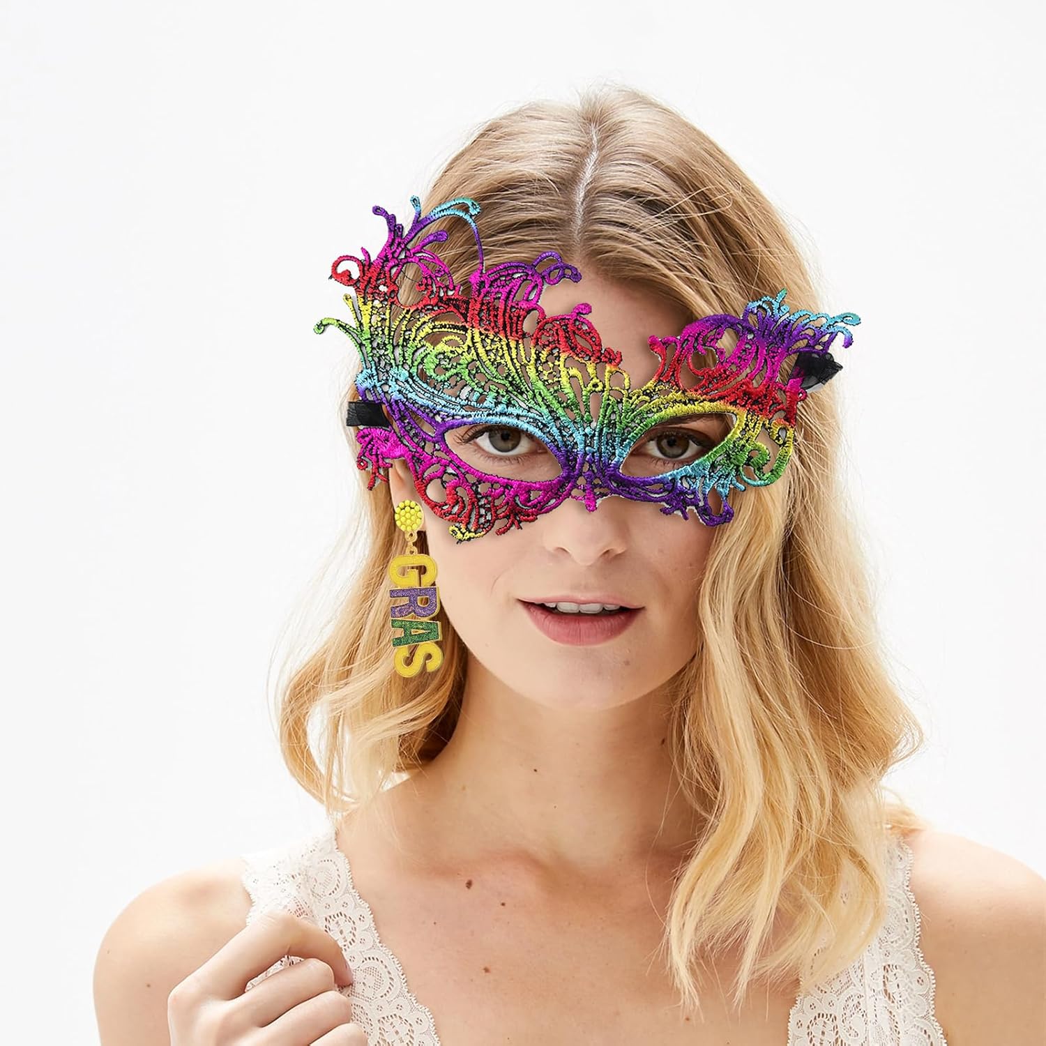 NUMJAW Mardi Gras Outfit for Women Halloween Costumes Accessories - Masquerade Mardi Gra Masks,Tassel Shawl Poncho Cloak,Earrings,long Socks - Dress up Rave Party Outfit Mardi Gras Accessories - Image 8