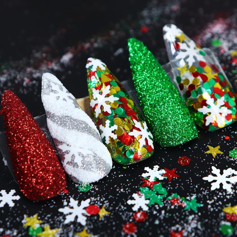 Christmas Nail Art Glitters Powder Red Green Nail Sequins Snowflake Xmas Design Holographic Sugar Glitter for Christmas Nail Decoration Winter Nail Flakes Confetti Glitter for DIY Craft Supplies Set