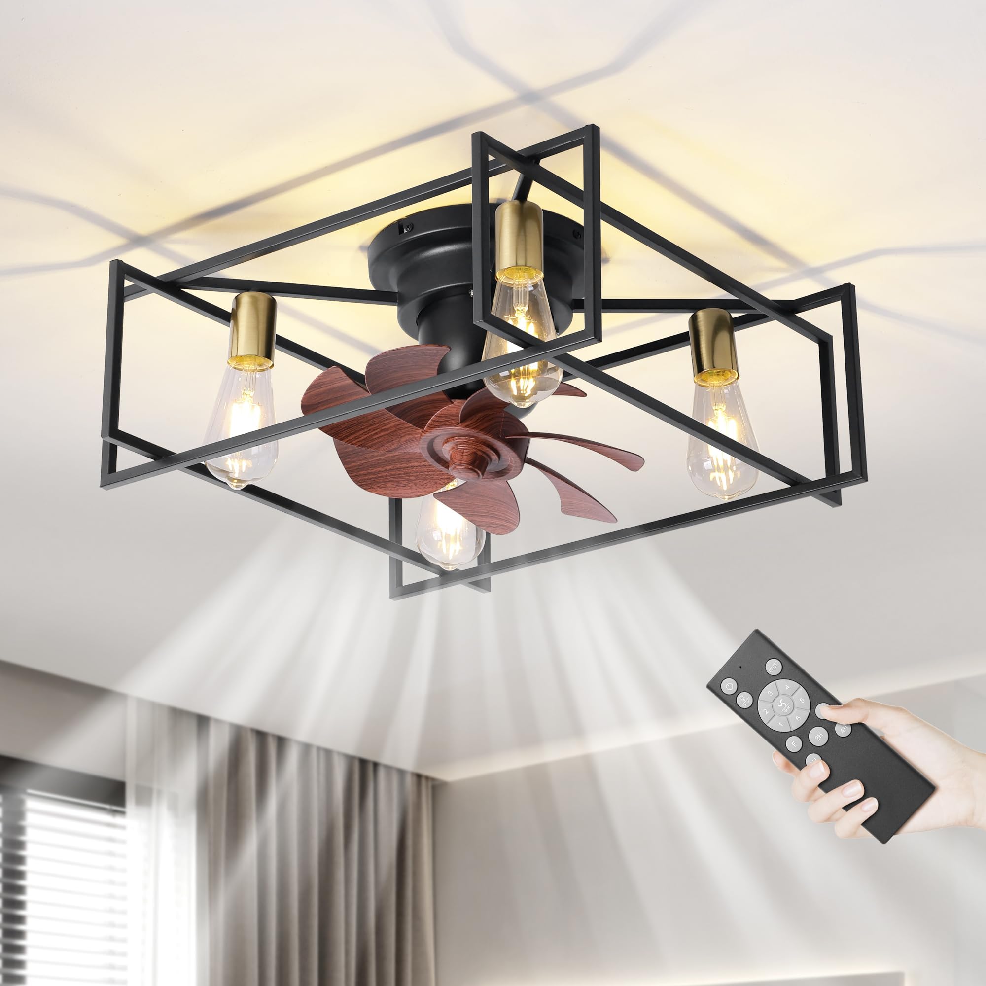 She's home 20"" Caged Flush Mount Ceiling Fan with Lights Remote Control, Black Small Farmhouse Square Ceiling Fan for Bedroom, Living Room, Kitchen, Indoor, A370-BK+R
