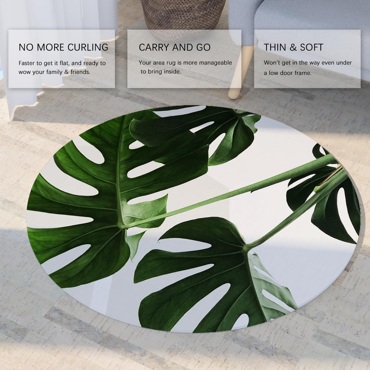 Minimalistische runde Teppiche 120cm - grüner Monstera Blattmuster kreisförmiger Teppich faltbar weich rutschfest für Veranda Gästetoilette Bibliothek Sofa