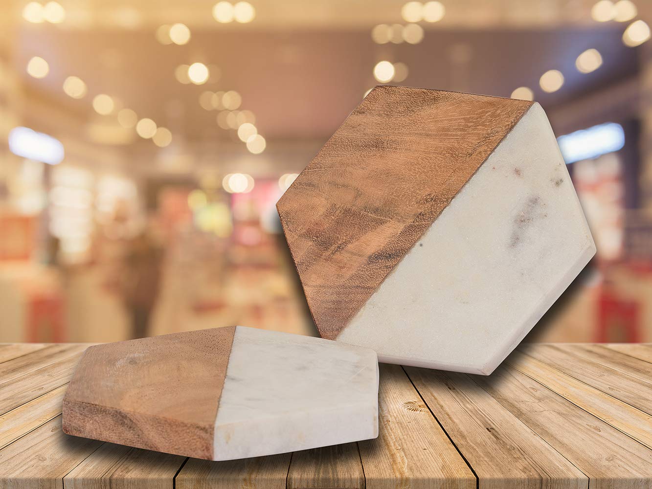 NikkisPride Marble Wood Hexageon Coaster Trivet Set of 2 3