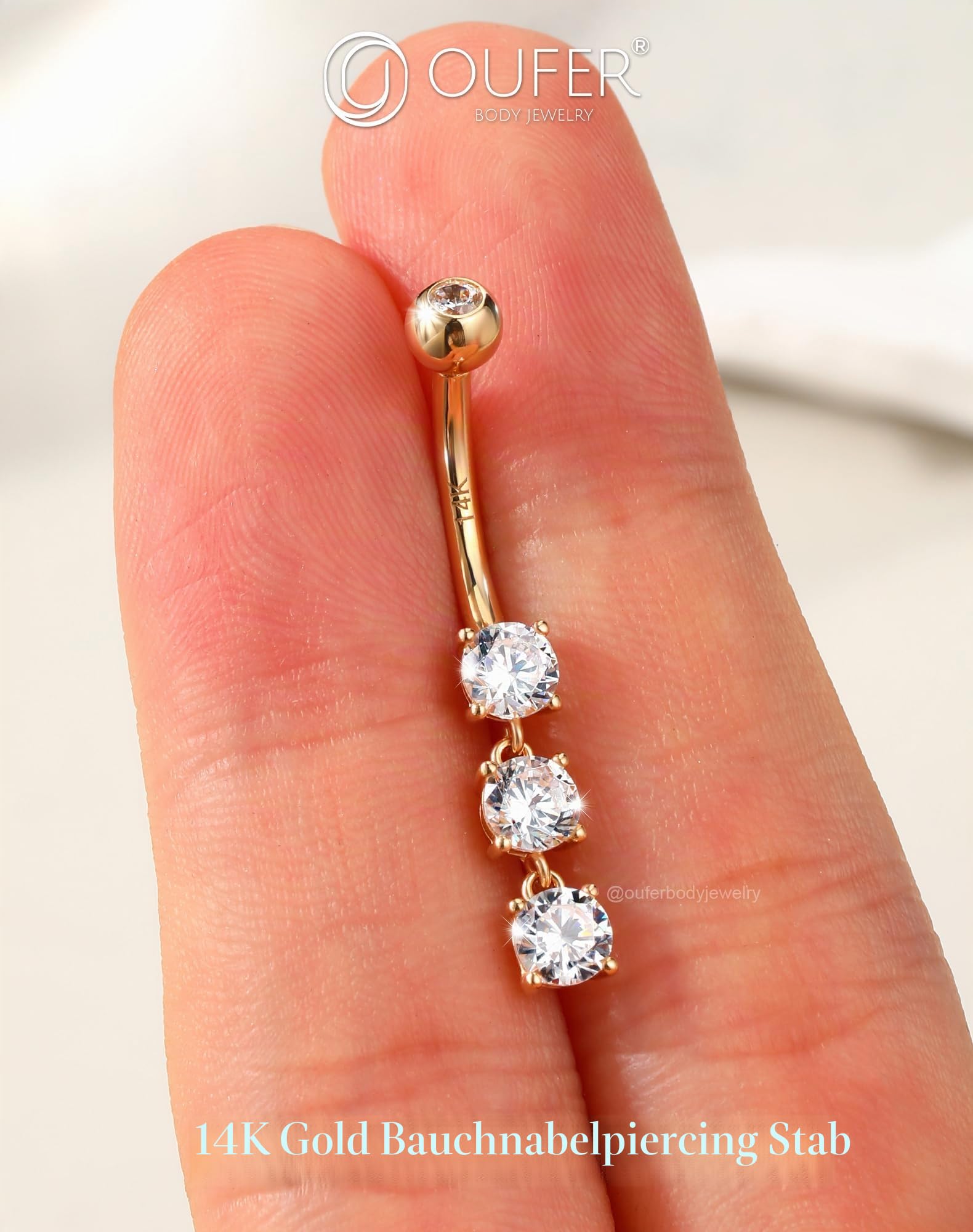 OUFER Body Piercing Belly Bars 14G Navel Piercing Jewellery Dangle Belly Button Bars Navel Bar Clear CZ Belly Button Ring Gold Externally Belly Piercings