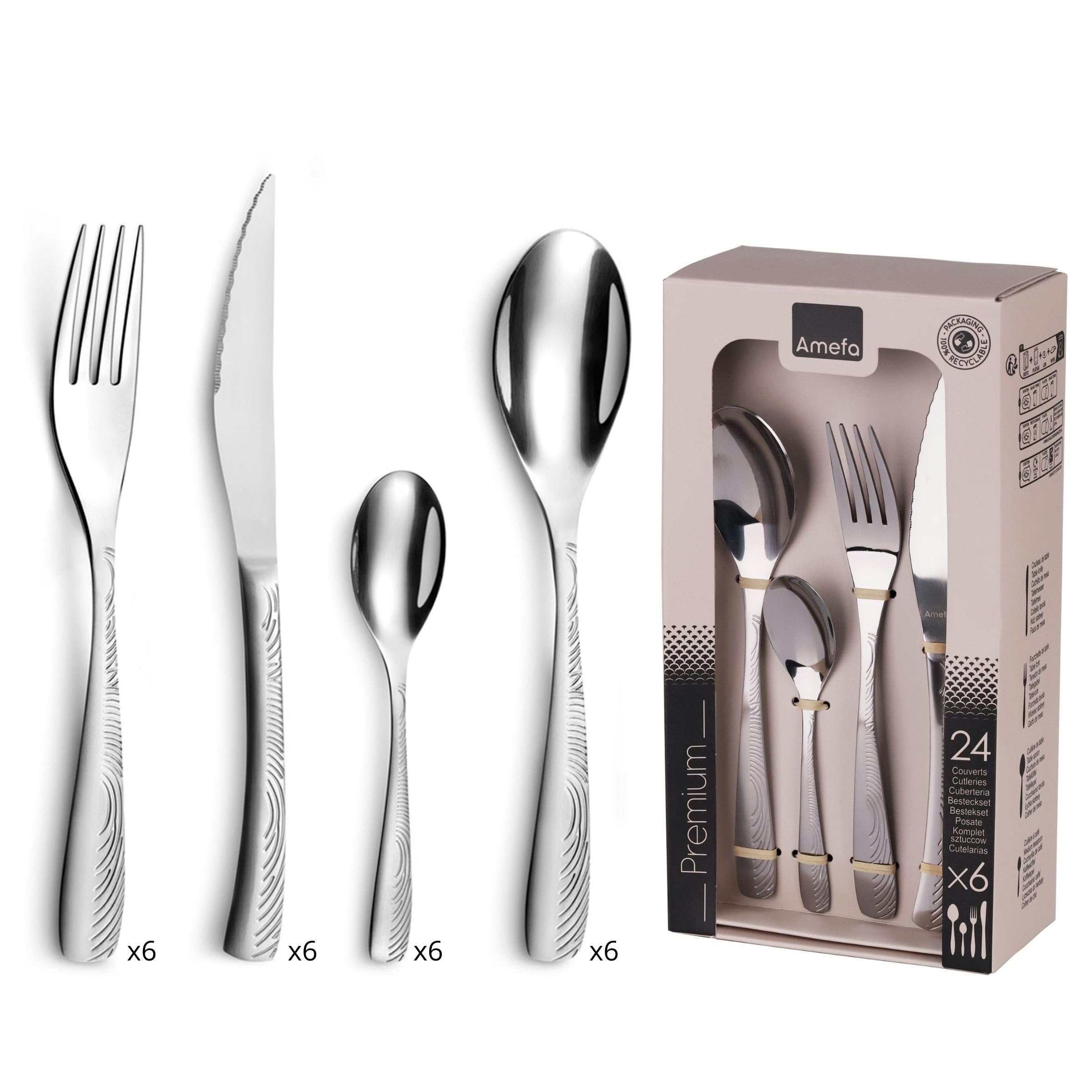 AMEFA - Coffret 24 couverts de table pour 6 personnes - Empreinte - Acier inoxydable 18/​0, Finition Satinée