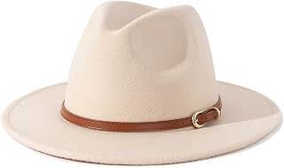Lisianthus Women Classic Felt Fedora Wide Brim Hat with Belt Buckle | Unisex Dress Panama Trilby, Breathable Lightweight, Timeless Style, Adjustable Drawstring Fit, for Casual, Wedding, Party