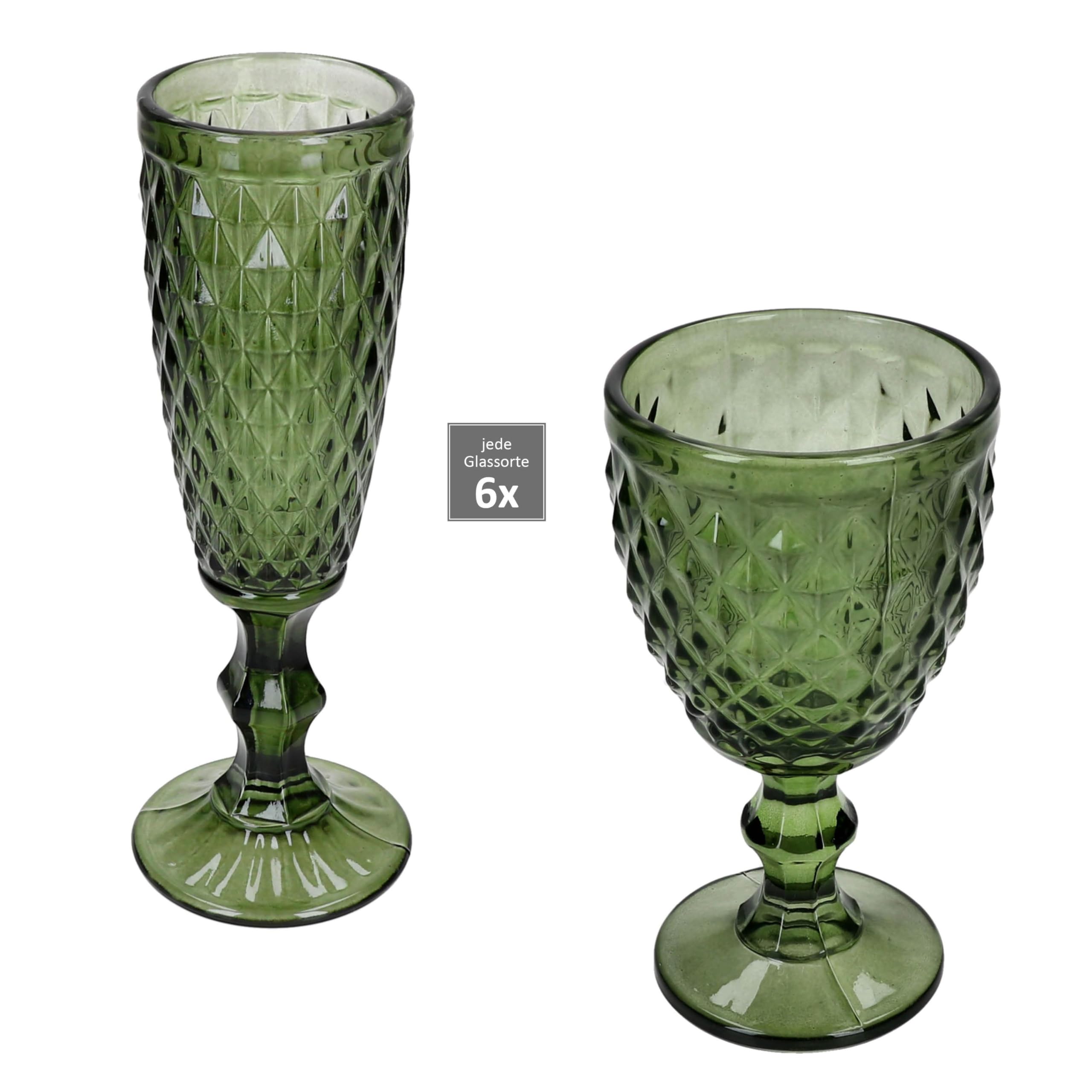 MamboCat Diamond Lot de 12 verres à vin et 6 flûtes à champagne I Verre vert à facettes I Ensemble de verres pour vin, prosecco et champagne I pour les fêtes, Noël, etc.