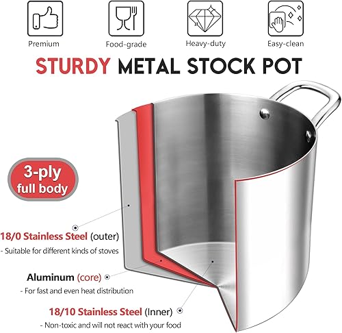 Miniatura 4 de P&P CHEF Olla de acero inoxidable de 12 cuartos de galón con tapa, olla grande de 3 capas para estufas eléctricas de gas de inducción, utensilios de