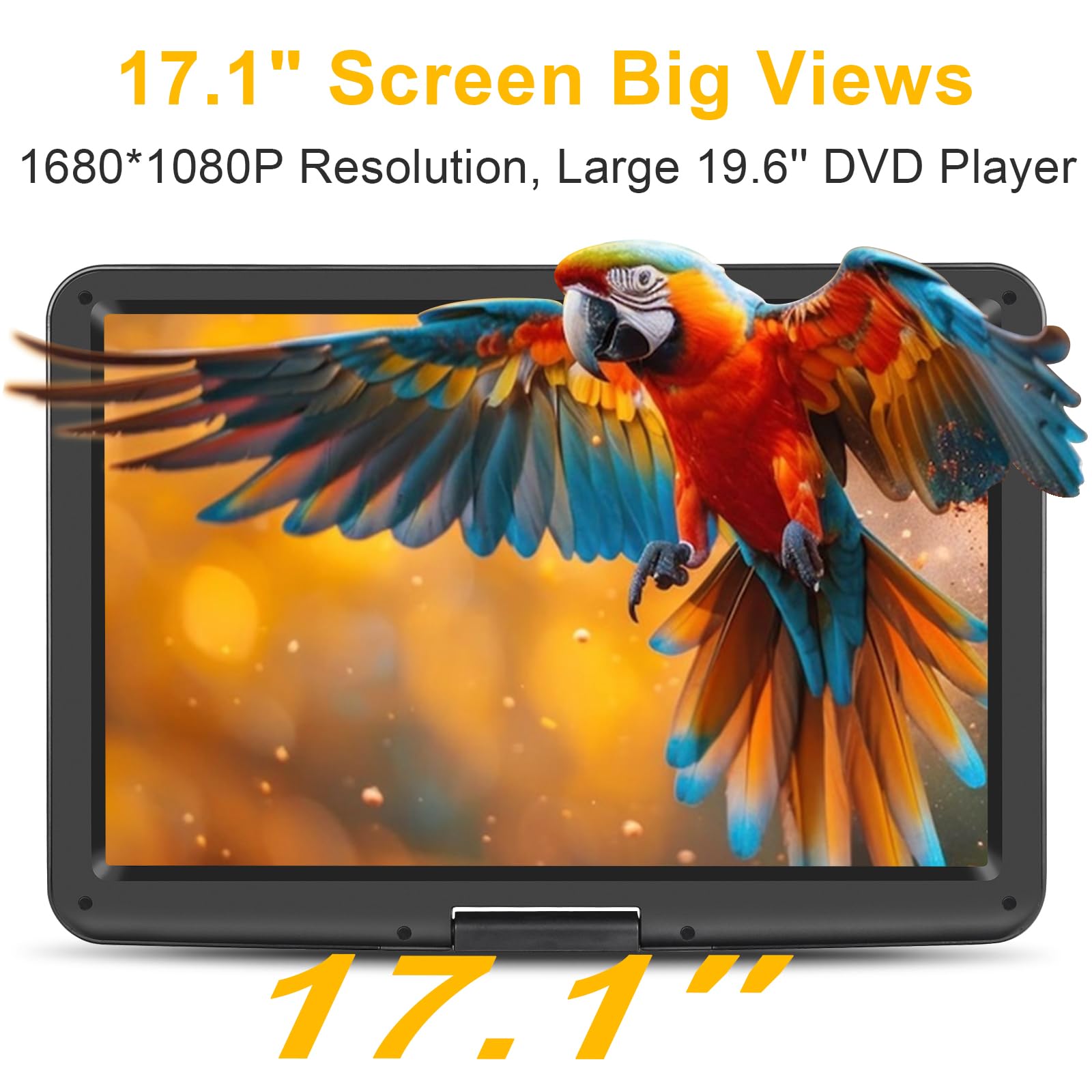 Lettore DVD portatile da 19,7 pollici con schermo HD da 17 pollici, batteria ricaricabile per 5 ore, lettore DVD portatile con caricabatteria da auto, supporto per schede