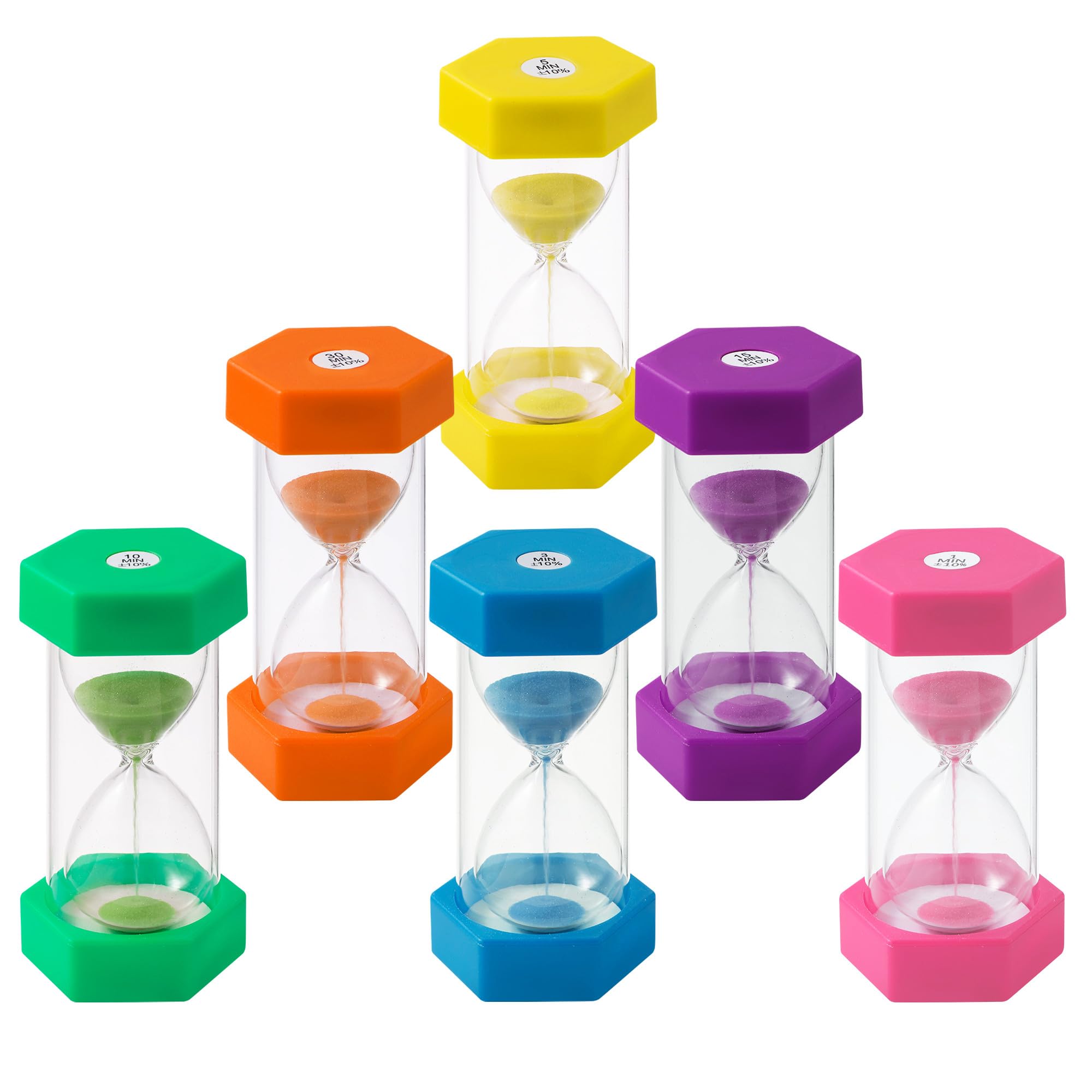 6 Stück Sanduhren, bunte Sanduhren, Farbtimer 1, 3, 5, 10, 15, 30 Minuten, geeignet für Küche, Zuhause, Kinderleben, Spiel-Timer