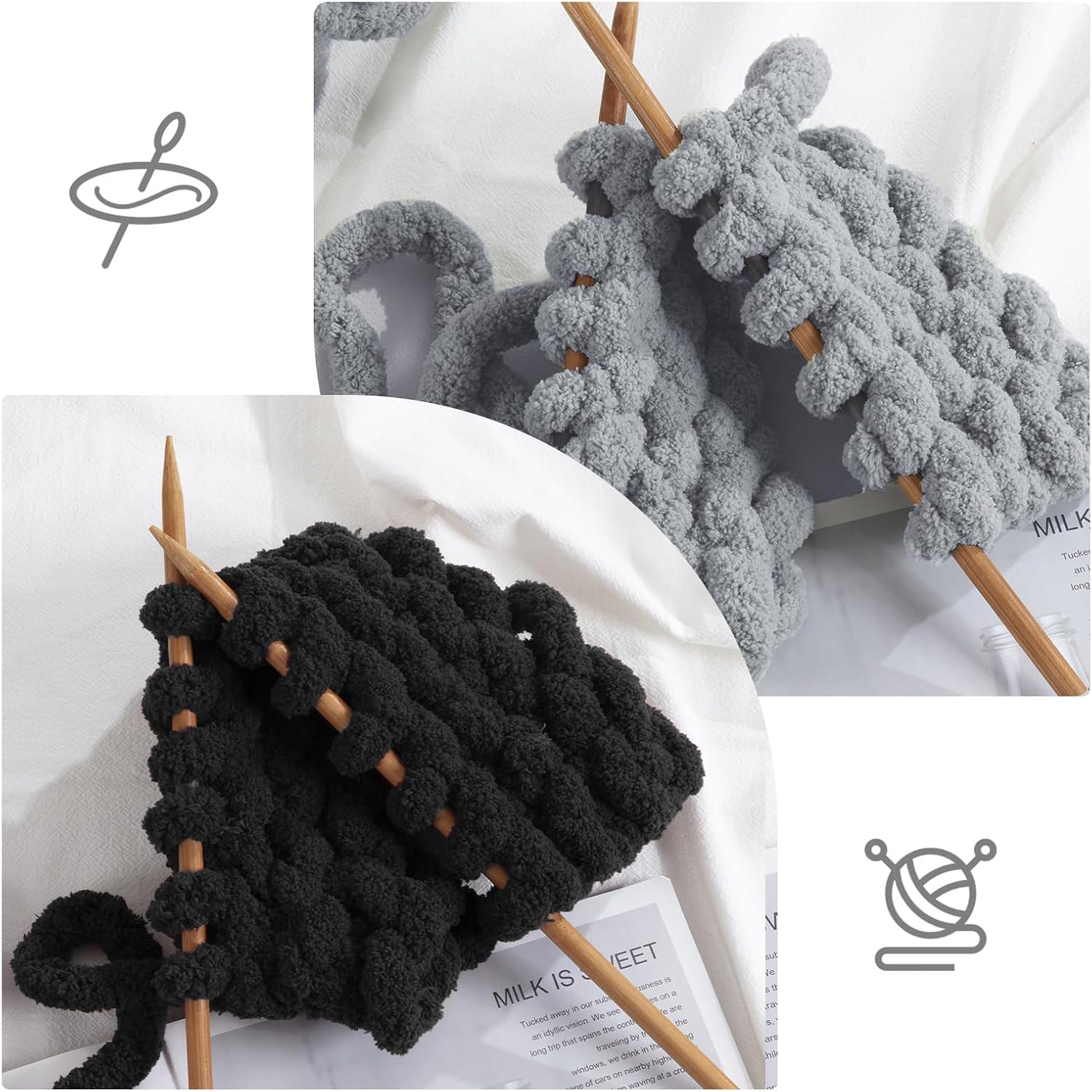 HOMBYS Chunky Chenille Yarn for Crocheting, Super Bulky Jumbo Yarn for Hand Knitting, 3/4" Thick Soft Plush Yarn for Blankets, 8 Skein Pack (27 yds / 8 oz Each), Multi Assorted Black Grey