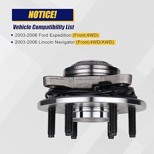 Miniatura 6 de KUSATEC 515043 Cojinete de rueda delantera y conjunto de cubo compatible con Ford Expedition Lincoln Navigator 2003 2004 2005 2006, pernos de 6