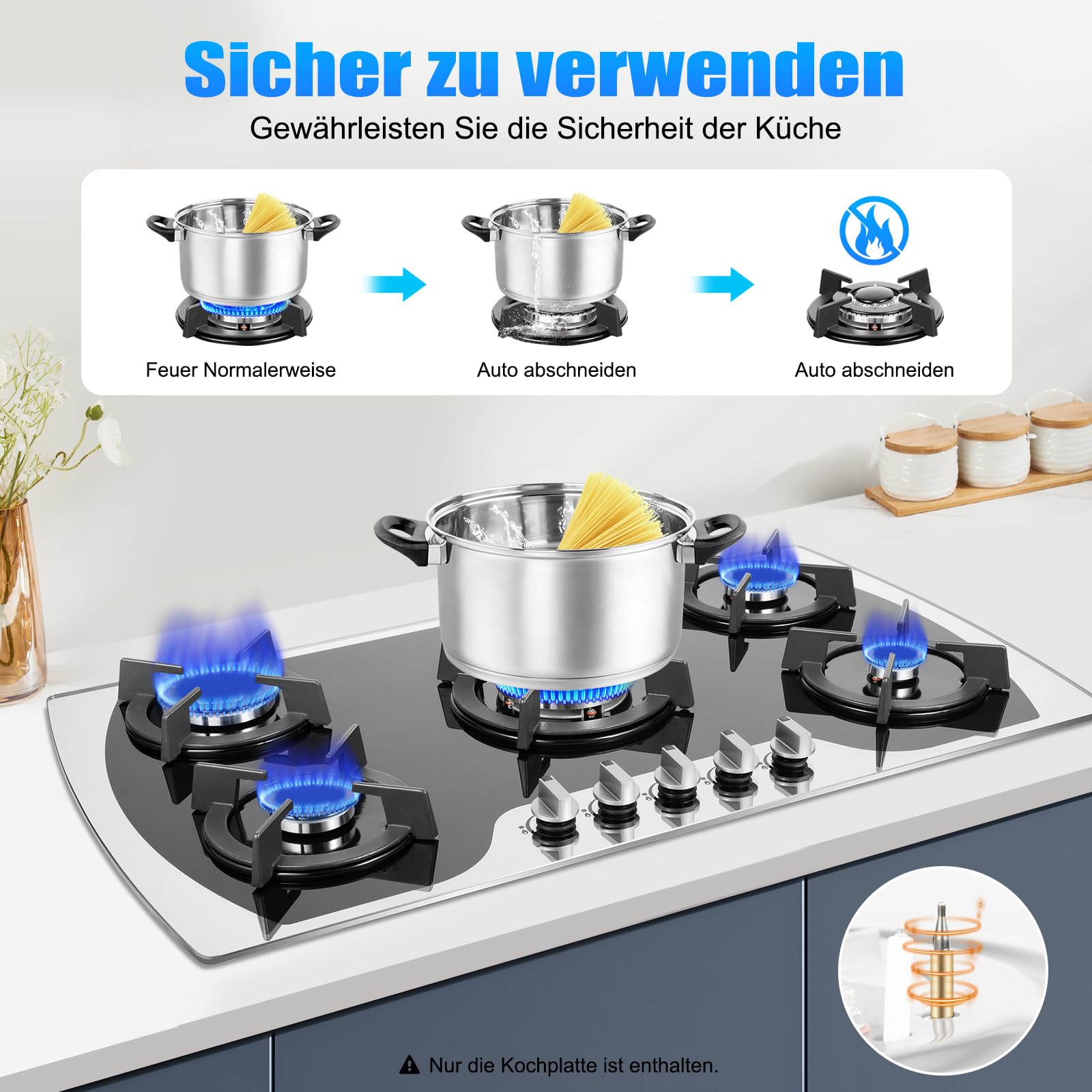 Gaskochfeld 5 Flammig Einbau Erdgas Kochfeld Glas 10250W Küche