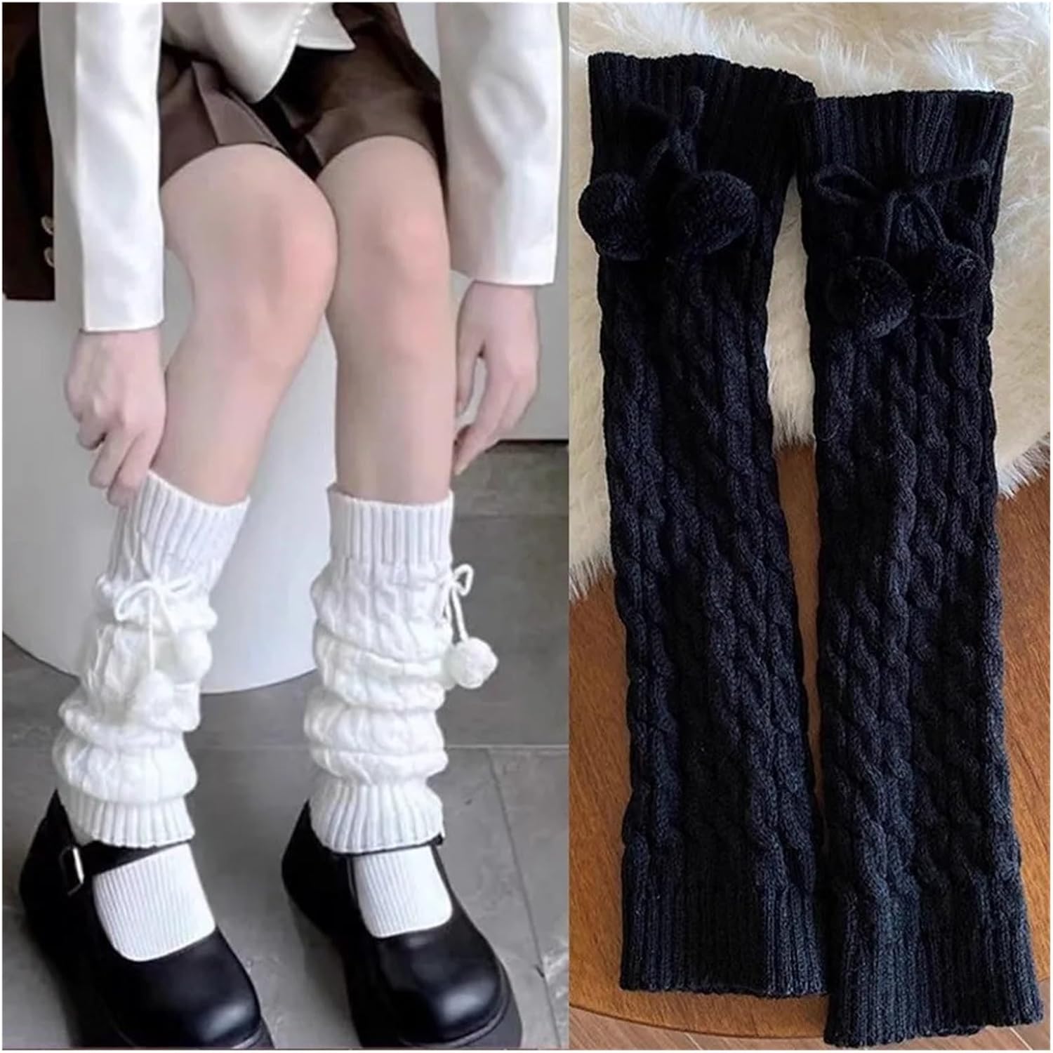 2 Pcs Women Black White Lolita JK Leg Warmers With Ball Knitted Warm Foot Cover For Lady Autumn Winter Soft Crochet Sock Boot Cuffs