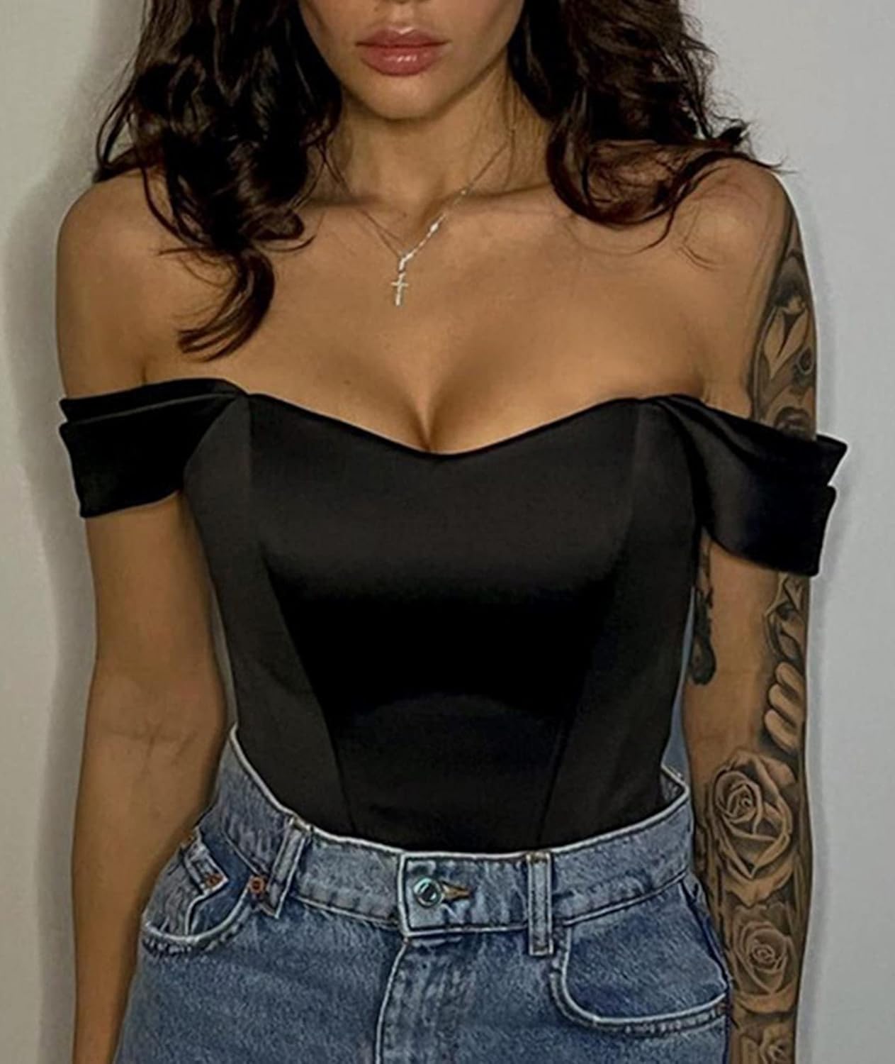 xxxiticat Women’s Off Shoulder Corset Top Short Sleeve Satin Silk Bustier Crop Top Bodycon Slim Fit Fashion T-Shirt - Image 3