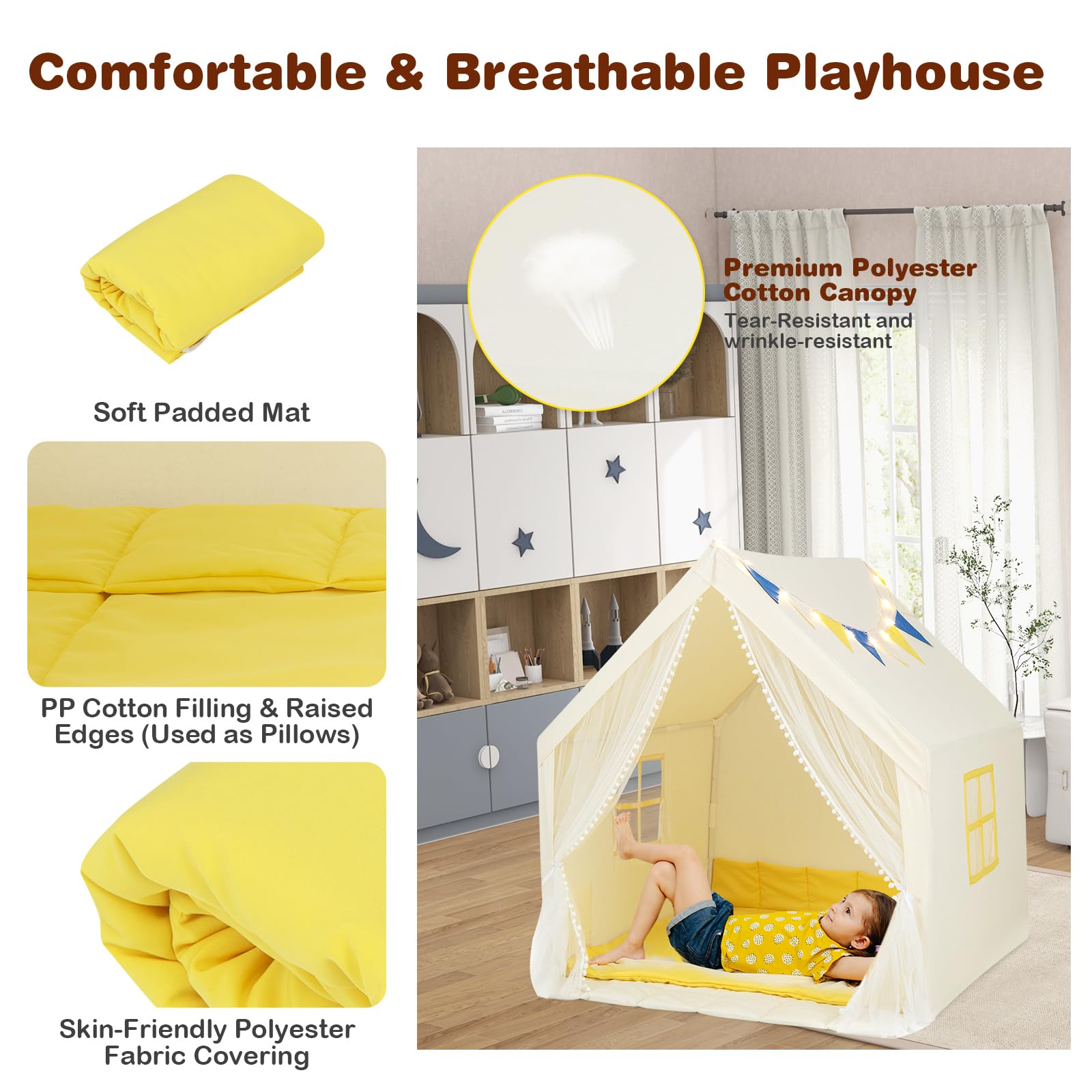 HOMASIS Kinderzelt für Indoor & Oudoor, Kinder Spielzelt mit Sternenlichtern & Matte & Fenster & Vorhang, Spielhaus Prinzessin für Jungen & Mädchen, Kinderspielhaus Tipi Zelt 121x105x125cm