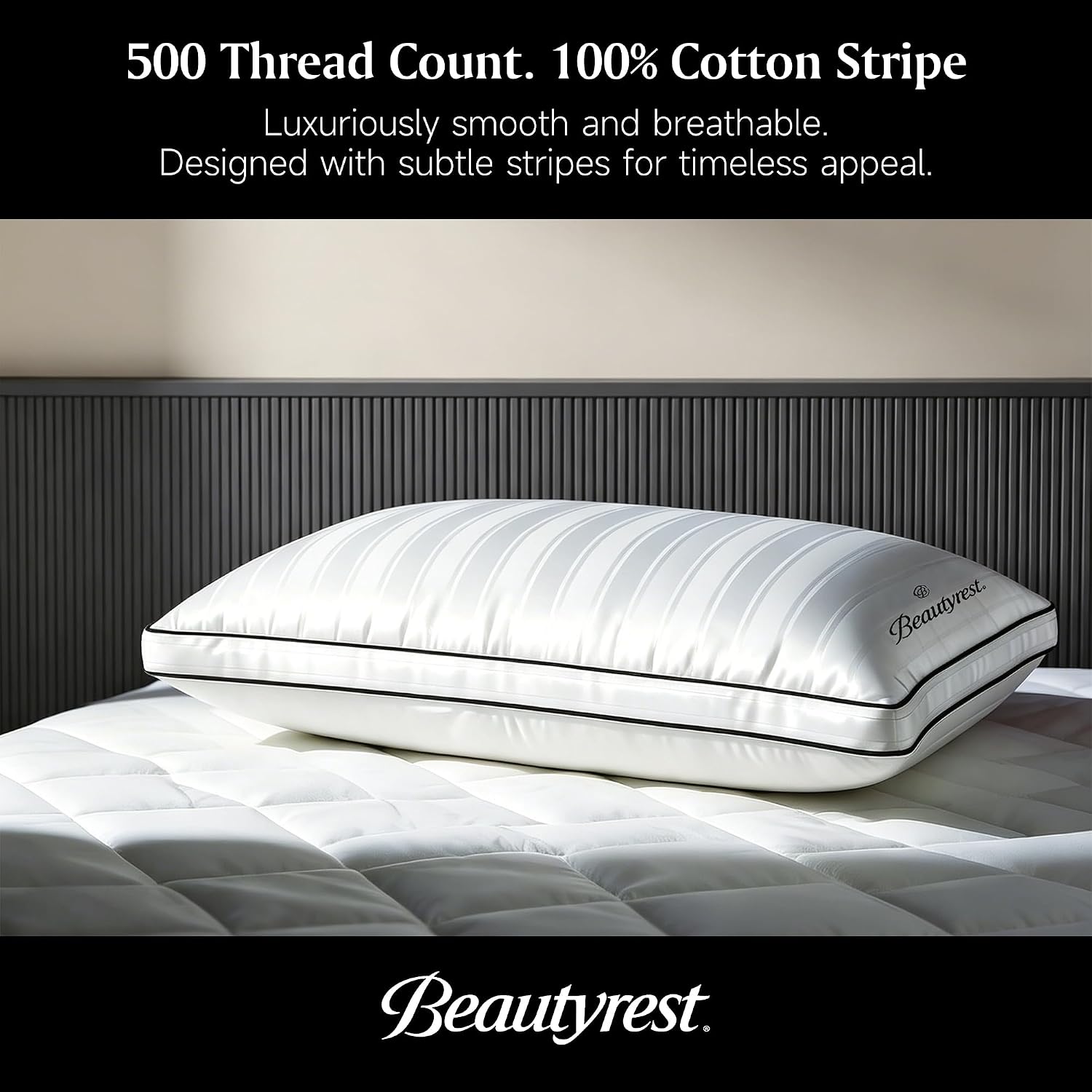 Beautyrest Hotel Collection Luxury Queen Pillows Set of 2 - Premium 500 Thread Count Damask Stripe Embroidered Cotton Cover, Gusseted Soft Medium Down Alternative