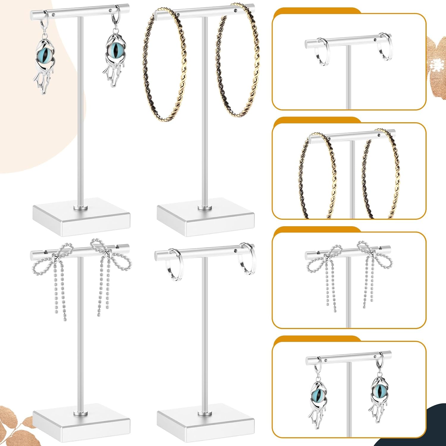 Kigeli 6 Pack Metal T Bar Earring Display Stand Retail Earring Display Holder Detachable Metal Earring Display Storage Rack Jewelry Photography Prop, Square Base, Height 4.3" and 5.1" (Silver)
