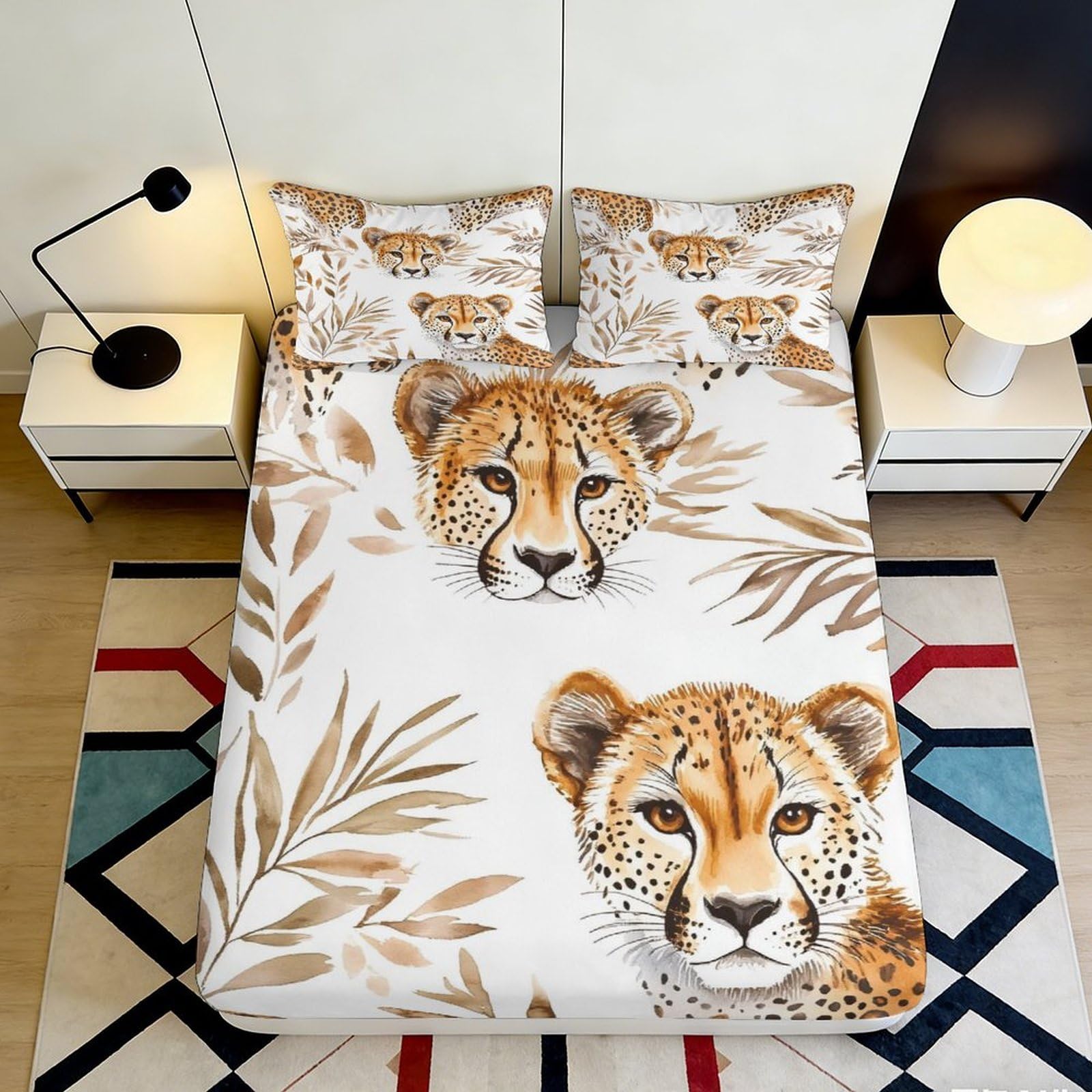 3D Printed Cheetah Animal Fitted Sheet Microfiber Soft Breathable Leopard Bed Cover for Bedroom Dormitory Guest Room Mattress Protection Decor 200x200x25cm