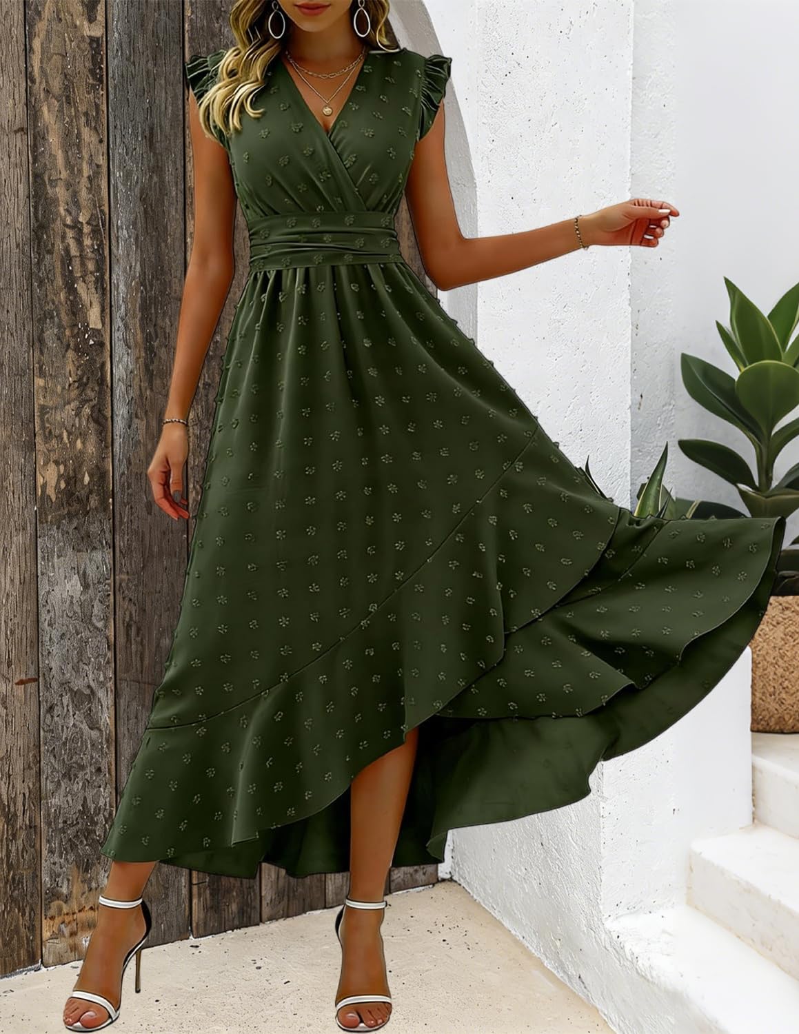 Sommerkleid Damen Boho Kleid Lang 2026 Kleid Damen V-Ausschnitt Hohe Taille Rüschen Schlitz Für Strand Hochzeit Cocktail Party