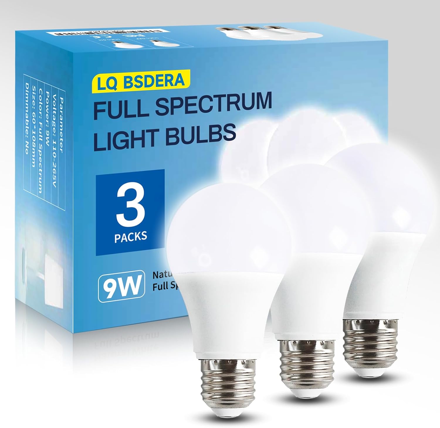 3PK Full Spectrum Light Bulbs, 9W, 6000K Natural Light That Mimic Sunlight, Boosts Mood, Energy, Focus, A19, Sunlike Happy Light Bulbs with E26/27 Base for Most Lamps