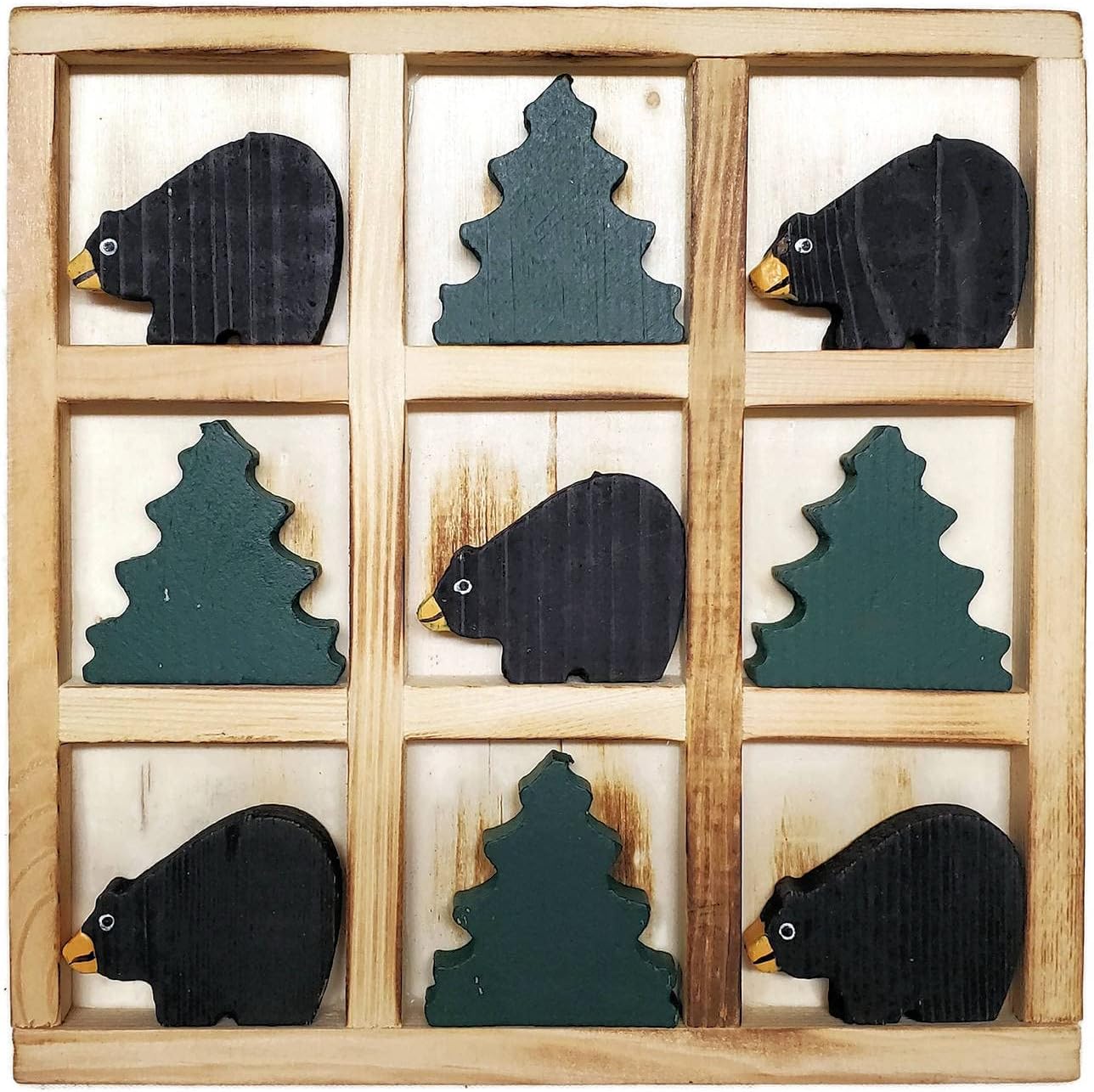 Cabin Decor Bear & Pine Tree Wood Tic Tac Toe Game - Coffee Table Decor, 7.5-inches