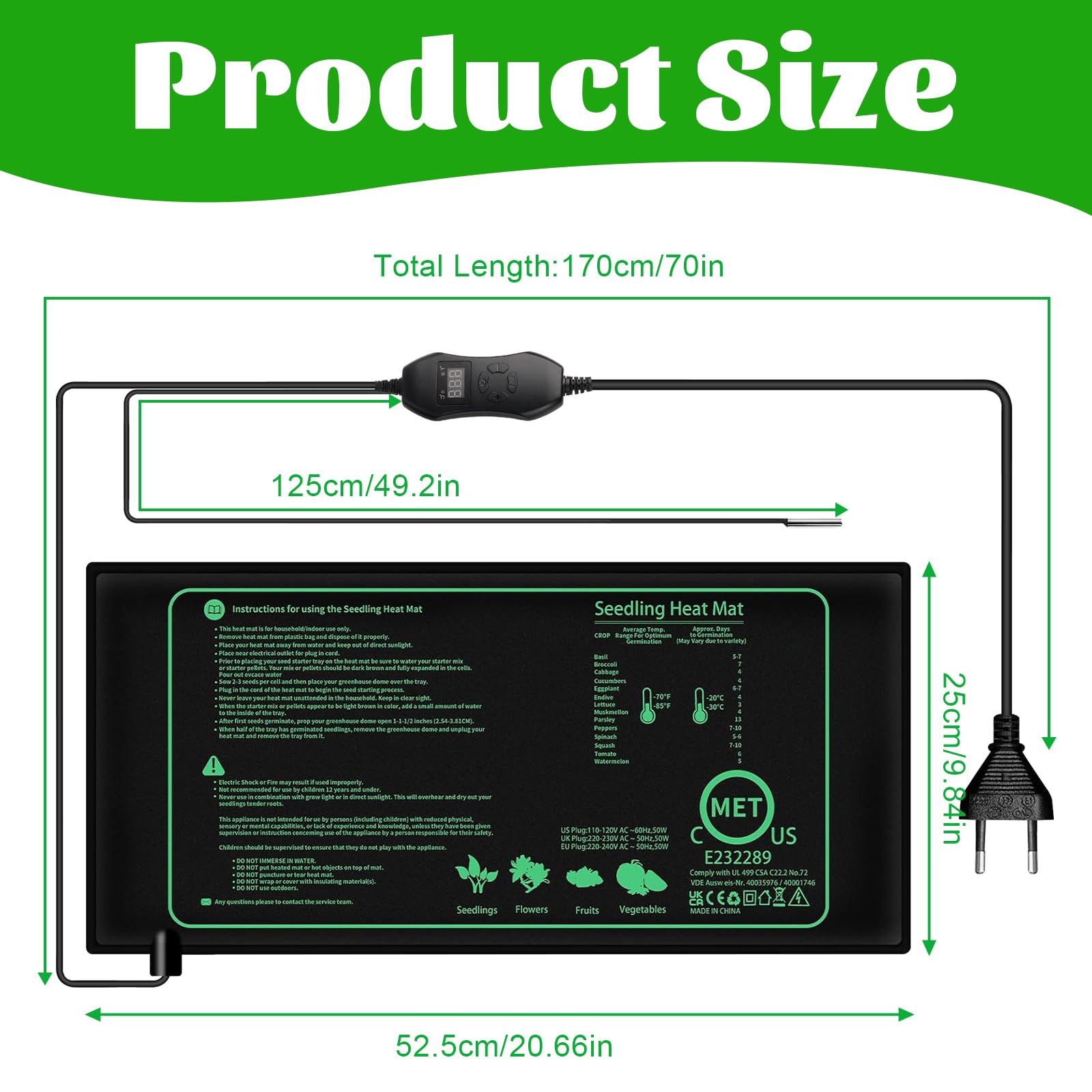 Heizmatte Pflanzen mit Thermostat, Reptil Dragon Temperatur Heizkissen, 50W Zimmergewächshaus Wärmematte, Sämlinge Heizmatte für Sämling Germination und Haustier(25 * 52CM)