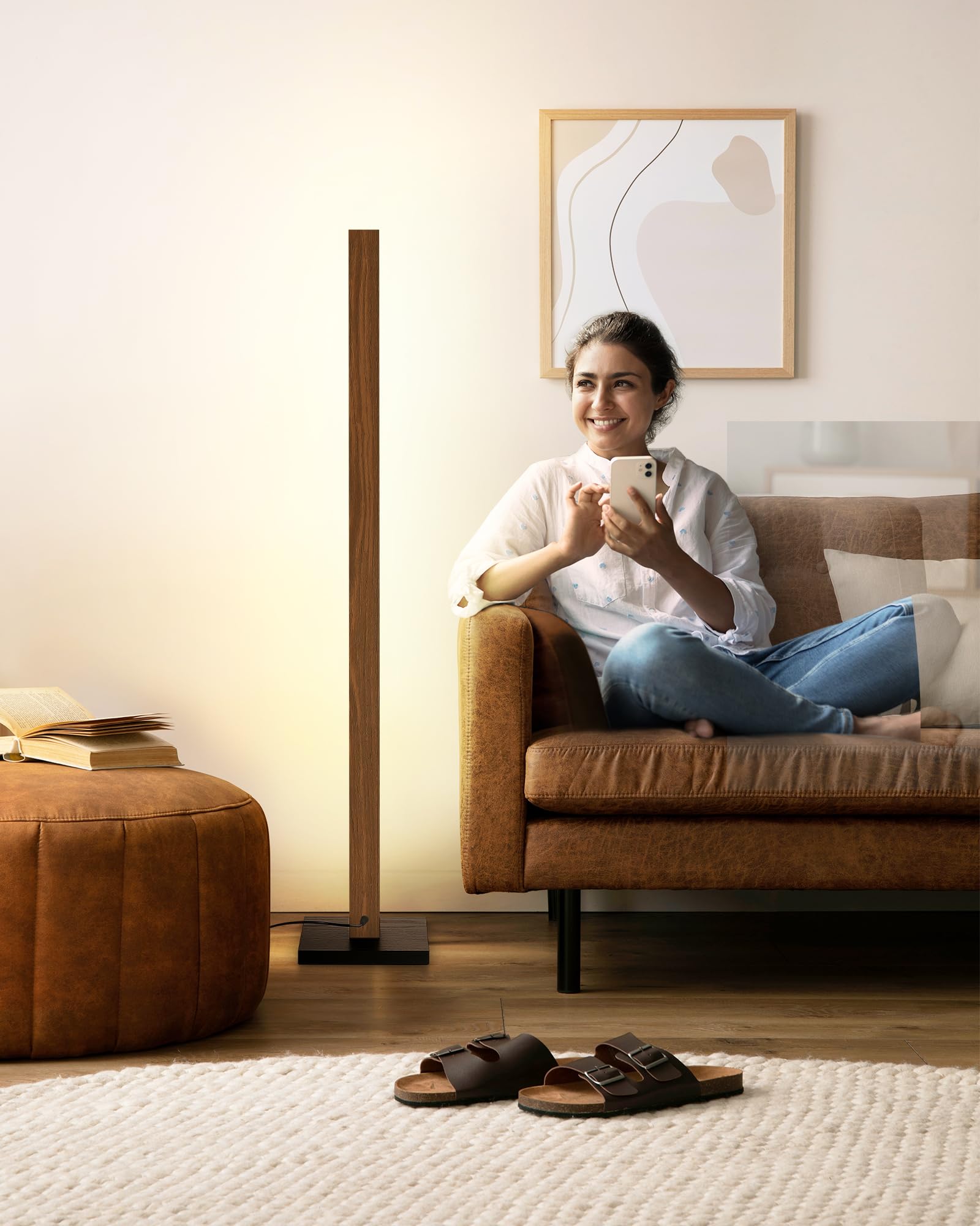 EDISHINE Lampada da Terra Legno, LED Lampada Piantana da Terra Dimmerabile, 800 LM 3000K Bianco Caldo, 18W per Ambienti, con Interruttore a Pedale e Funzione di Memoria per Soggiorno, Ufficio