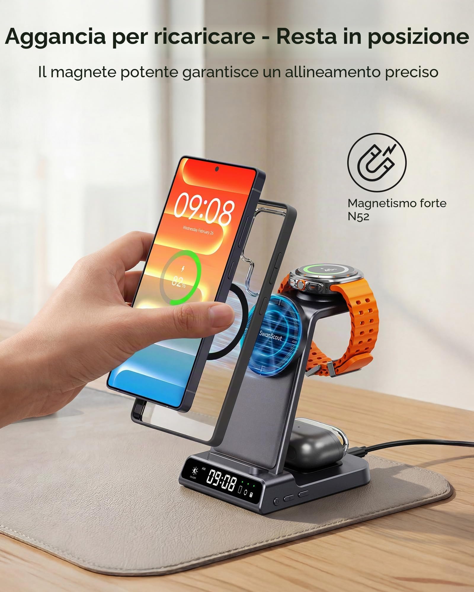 Caricatore magnetico per Samsung S26 Ultra, base di ricarica wireless 3 in 1 per Galaxy S25/S24/S23/Z Fold/Z Flip, per Galaxy Watch 8/8 Classic/Ultra/7/6/5, Galaxy Buds 3 Pro/3 (senza adattatore)