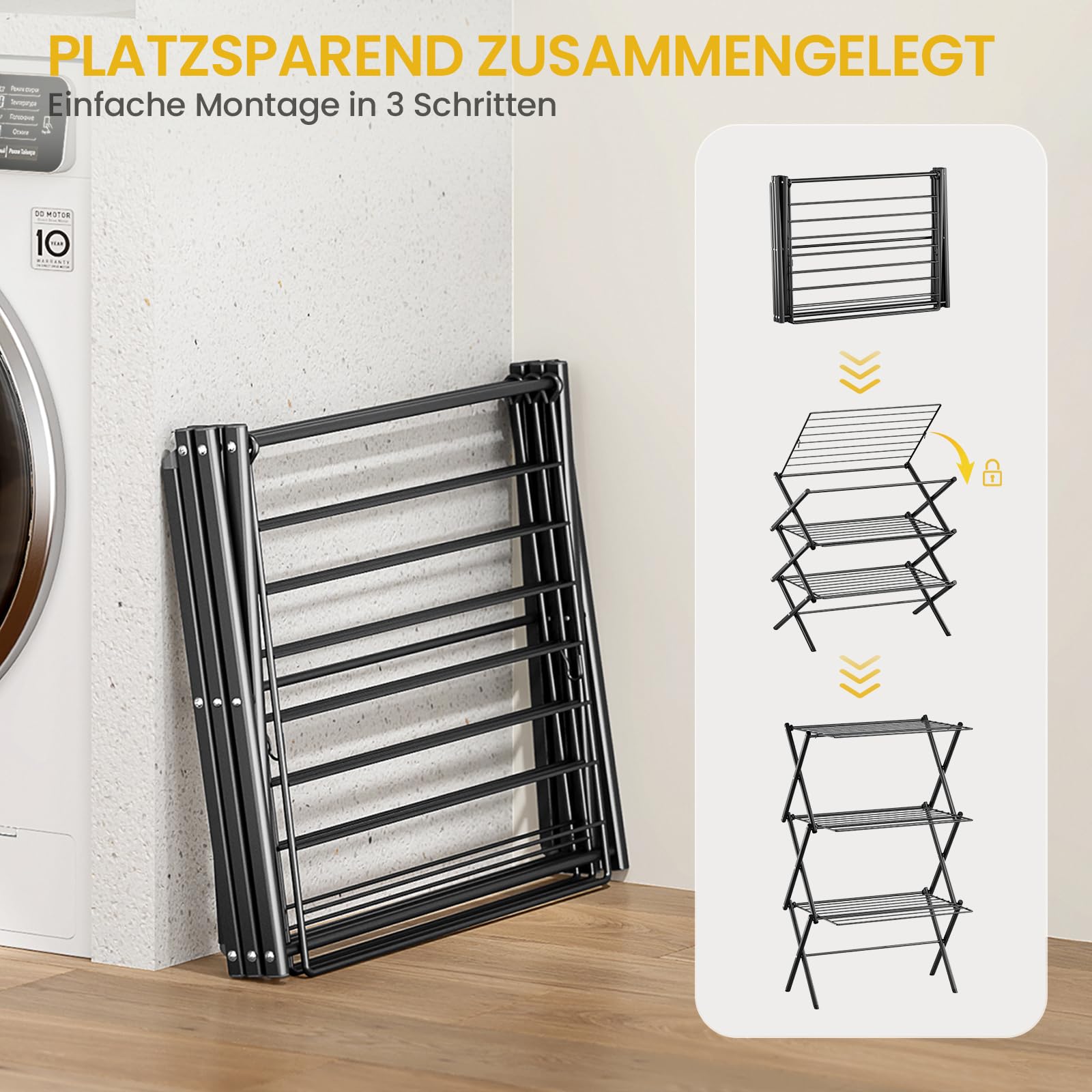 KINGBOARD Stendibiancheria pieghevole, stendibiancheria a 3 livelli, pieghevole, utilizzabile per interni ed esterni, nero