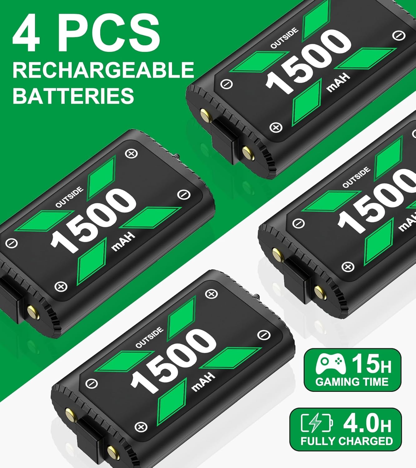 DINOSTRIKE Rechargeable Battery Pack, 4x1500mAh (4x3600mWh) Controller Packs with Fast Charging Battery Charger Station for SeriesX|S/One S/One X/Elite Controller