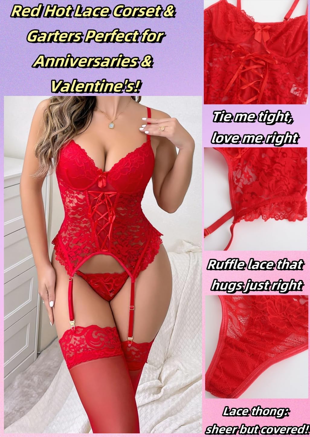 Women's Sexy Lingerie Set with Garter Belt Lace Bodysuit Teddy Baby Dolls Panty with Stockings - Image 3