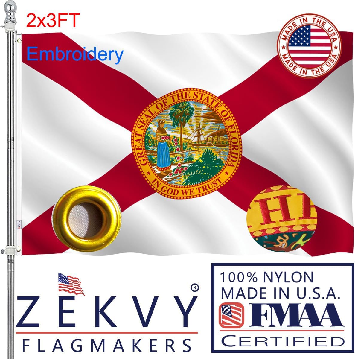 Embroidery Florida Flag 3x5 Outdoor Made in USA - Double Sided Heavy Duty Vivid Color Florida State Flags Banners with 2 Brass Grommet