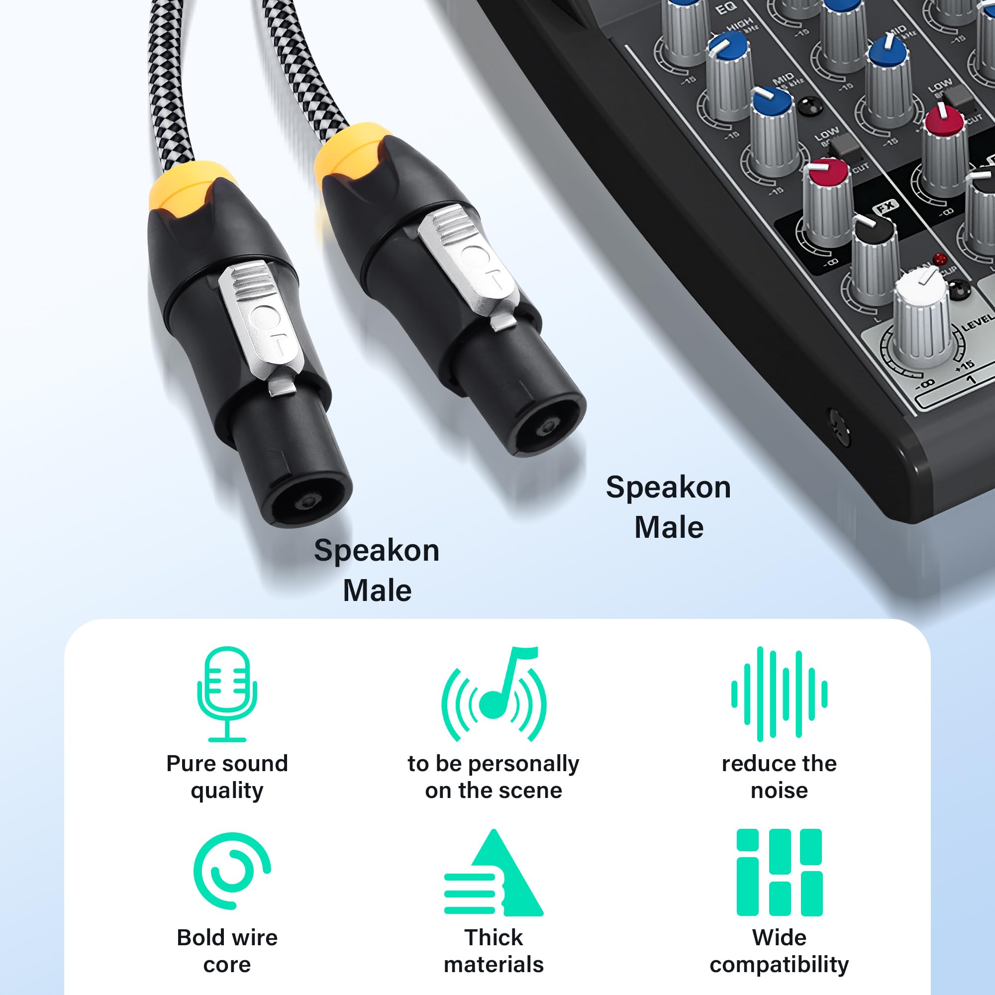 SinLoon Speakon - Cavo per altoparlante 3 m/10 FT, 14 AWG, cavo audio ad alta resistenza con treccia e connettori di bloccaggio per amplificatori