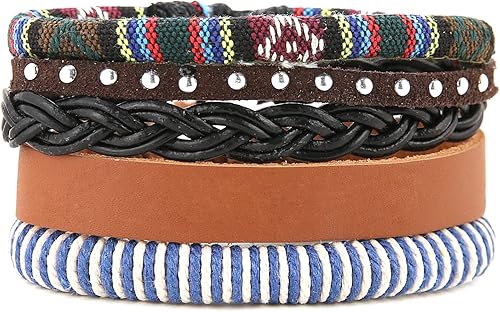 Miniatura 6 de HZMAN - Brazaletes étnicos y tribales de cuero con cordones de cáñamo y cuentas de madera para hombres y mujeres